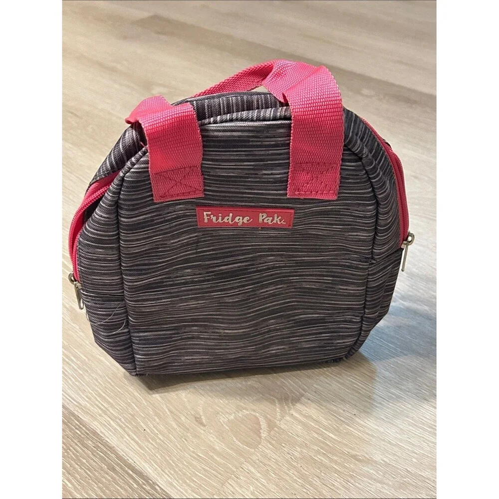 Fridge Pak Insulated Lunch Bag in Gray Stripe with Pink Trim